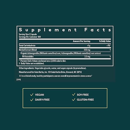 GAIA HERBS ASHWAGANDHA ROOT CAPSULES STRESS RELIEF, SLEEP ENERGY SUPPORT 180 VEGAN CAPSULES