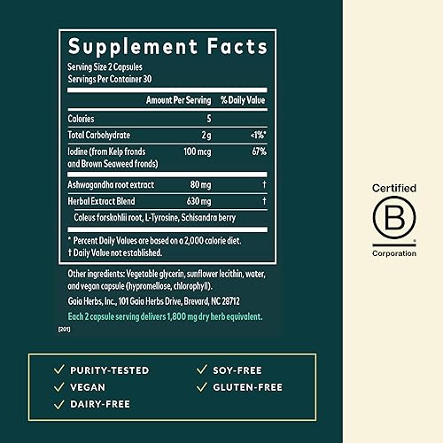 GAIA HERBS THYROID SUPPORT CAPSULES ASHWAGANDHA, KELP SEAWEED FOR METABOLISM 60 VEGAN CAPS