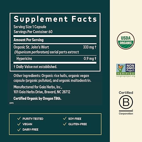 GAIA HERBS ST. JOHNS WORT CAPSULES STRESS SUPPORT SUPPLEMENT, 60 VEGAN CAPSULES, 20-DAY SUPPLY
