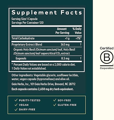 GAIA HERBS HOLY BASIL LEAF CAPSULES ADAPTOGENIC AYURVEDIC HERB FOR STRESS SUPPORT 120 VEGAN CAPS