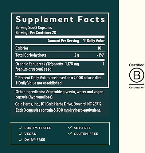 GAIA HERBS ORGANIC FENUGREEK SEED FOR LACTATION SUPPORT, 60 VEGAN CAPSULES, BREAST MILK AID