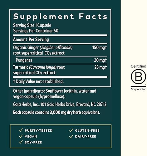 GAIA HERBS GINGER SUPREME CAPSULES ORGANIC GINGER TURMERIC FOR DIGESTION NAUSEA RELIEF, 60CT