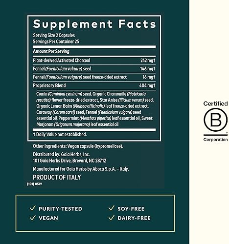 GAIA HERBS GAS BLOATING RELIEF CAPSULES WITH ACTIVATED CHARCOAL, FENNEL CHAMOMILE, 50 VEGAN