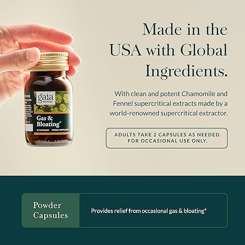 GAIA HERBS GAS BLOATING RELIEF CAPSULES WITH ACTIVATED CHARCOAL, FENNEL CHAMOMILE, 50 VEGAN