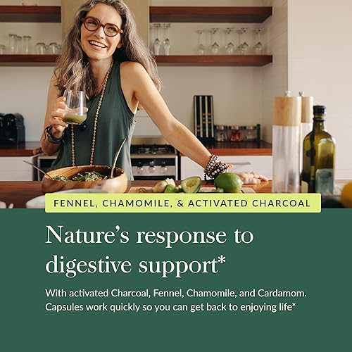 GAIA HERBS GAS BLOATING RELIEF CAPSULES WITH ACTIVATED CHARCOAL, FENNEL CHAMOMILE, 50 VEGAN