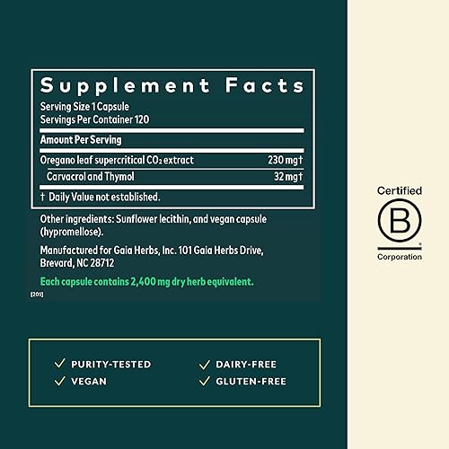GAIA HERBS OIL OF OREGANO CAPSULES IMMUNE ANTIOXIDANT SUPPORT, 120 VEGAN CAPS, 60-DAY SUPPLY