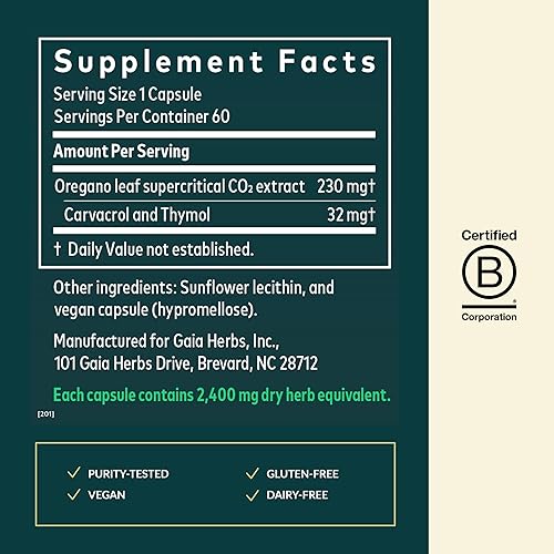 GAIA HERBS OIL OF OREGANO CAPSULES IMMUNE ANTIOXIDANT SUPPORT, 60 VEGAN PHYTO-CAPSULES