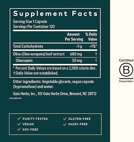 GAIA HERBS OLIVE LEAF EXTRACT IMMUNE SUPPORT SUPPLEMENT WITH OLEUROPEIN 120 VEGAN CAPSULES