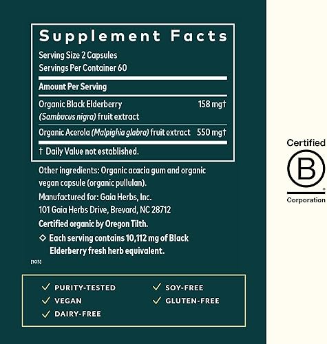 GAIA HERBS BLACK ELDERBERRY IMMUNE SUPPORT SUPPLEMENT, VEGAN, 120 CAPSULES, 60-DAY SUPPLY
