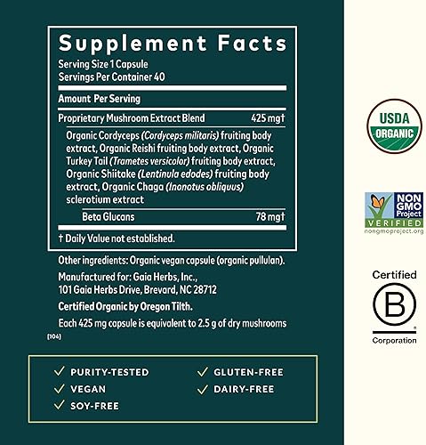 GAIA HERBS IMMUNE MUSHROOM BLEND REISHI, CORDYCEPS, TURKEY TAIL 40 VEGAN CAPSULES SUPPLEMENT