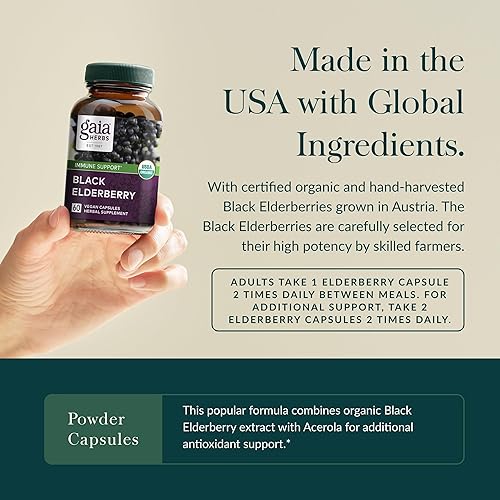 GAIA HERBS BLACK ELDERBERRY IMMUNE SUPPORT SUPPLEMENT WITH ACEROLA 60 VEGAN CAPSULES, 30 DAYS