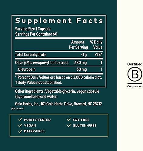 GAIA HERBS OLIVE LEAF EXTRACT IMMUNE SUPPORT SUPPLEMENT WITH OLEUROPEIN, 60 VEGAN CAPSULES