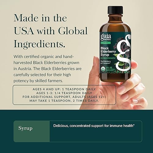 GAIA HERBS ORGANIC BLACK ELDERBERRY SYRUP FOR IMMUNE SUPPORT, USDA CERTIFIED, 3 FL OZ 18-DAY