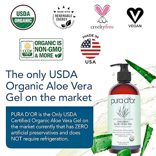 ORGANIC ALOE VERA GEL 16OZ WITH LAVENDER NATURAL HYDRATION FOR SKIN HAIR, SUNBURN ECZEMA RELIEF