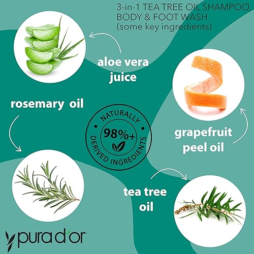 PURA DOR 3-IN-1 TEA TREE SHAMPOO, BODY FOOT WASH, 32OZ ODOR CONTROL REFRESHING CLEANSE