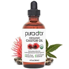 PURA DOR ORGANIC CASTOR OIL 4OZ COLD-PRESSED, HEXANE-FREE, USDA CERTIFIED FOR HAIR SKIN