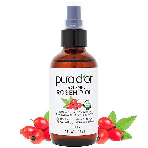 PURA DOR ORGANIC ROSEHIP SEED OIL 4OZ 100 PURE, COLD PRESSED, ANTI-AGING, SCAR STRETCH MARK TREATMENT