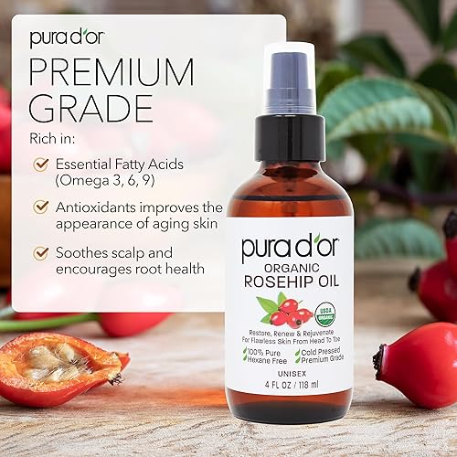 PURA DOR ORGANIC ROSEHIP SEED OIL 4OZ 100 PURE, COLD PRESSED, ANTI-AGING, SCAR STRETCH MARK TREATMENT