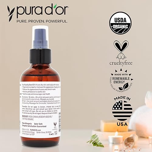 PURA DOR ORGANIC ROSEHIP SEED OIL 4OZ 100 PURE, COLD PRESSED, ANTI-AGING, SCAR STRETCH MARK TREATMENT