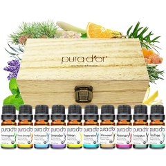 PURA DOR ESSENTIAL OILS SET 10 ORGANIC 10ML BOTTLES IN WOOD BOX, 100 PURE AROMATHERAPY GIFT