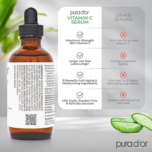 PURA DOR 20 VITAMIN C SERUM 4OZ ANTI-AGING FACE EYE TREATMENT WITH RETINOL HYALURONIC ACID