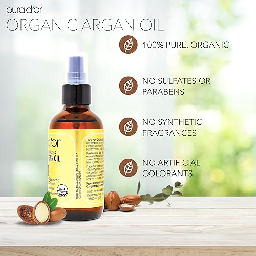 PURA DOR ORGANIC MOROCCAN ARGAN OIL 4OZ 100 PURE COLD-PRESSED FOR SKIN, HAIR NAILS