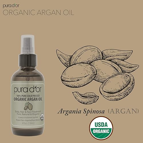 PURA DOR ORGANIC MOROCCAN ARGAN OIL 4OZ 100 PURE COLD-PRESSED FOR SKIN, HAIR NAILS