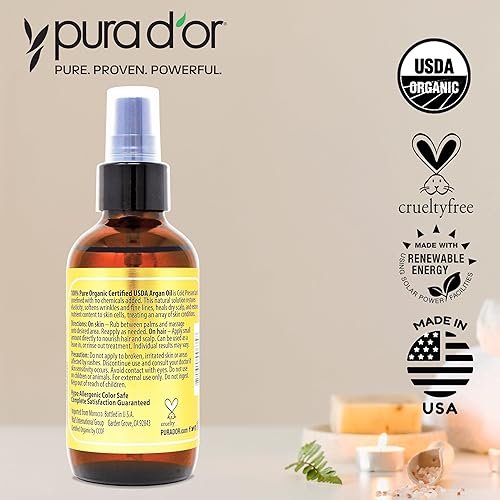 PURA DOR ORGANIC MOROCCAN ARGAN OIL 4OZ 100 PURE COLD-PRESSED FOR SKIN, HAIR NAILS