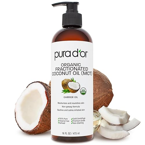 PURA DOR ORGANIC FRACTIONATED COCONUT OIL 16OZ USDA CERTIFIED MCT OIL FOR SKIN, HAIR MASSAGE