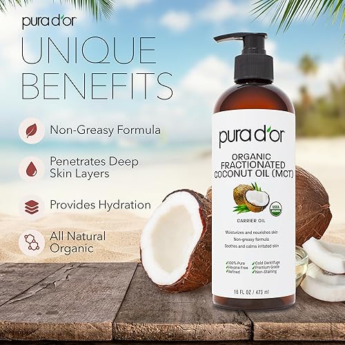 PURA DOR ORGANIC FRACTIONATED COCONUT OIL 16OZ USDA CERTIFIED MCT OIL FOR SKIN, HAIR MASSAGE