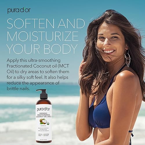 PURA DOR ORGANIC FRACTIONATED COCONUT OIL 16OZ USDA CERTIFIED MCT OIL FOR SKIN, HAIR MASSAGE