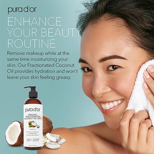 PURA DOR ORGANIC FRACTIONATED COCONUT OIL 16OZ USDA CERTIFIED MCT OIL FOR SKIN, HAIR MASSAGE