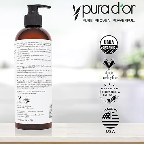 PURA DOR ORGANIC FRACTIONATED COCONUT OIL 16OZ USDA CERTIFIED MCT OIL FOR SKIN, HAIR MASSAGE