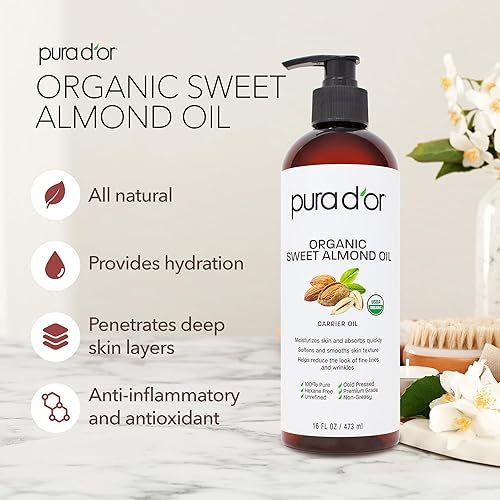 PURA D OR ORGANIC SWEET ALMOND OIL 16OZ 100 PURE COLD PRESSED CARRIER OIL FOR HAIR SKIN