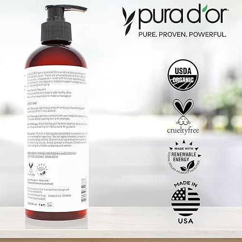 PURA DOR ORGANIC AVOCADO OIL 16OZ 100 PURE, COLD PRESSED, USDA, FOR SKIN, HAIR DIY BEAUTY
