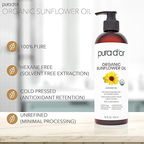 PURA DOR ORGANIC SUNFLOWER SEED OIL 16OZ 100 PURE COLD PRESSED CARRIER OIL FOR SKIN HAIR