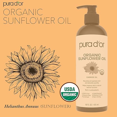 PURA DOR ORGANIC SUNFLOWER SEED OIL 16OZ 100 PURE COLD PRESSED CARRIER OIL FOR SKIN HAIR