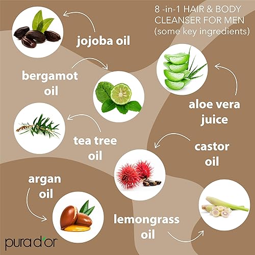 PURA D OR 8-IN-1 MEN S HAIR BODY WASH, SULFATE-FREE CLEANSER WITH ALOE, CEDARWOOD LEMONGRASS, 24OZ