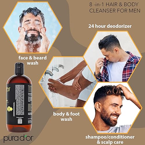 PURA D OR 8-IN-1 MEN S HAIR BODY WASH, SULFATE-FREE CLEANSER WITH ALOE, CEDARWOOD LEMONGRASS, 24OZ