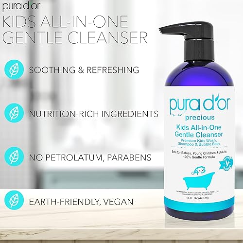 PURA D OR KIDS ALL-IN-ONE WASH 16OZ GENTLE SULFATE-FREE SHAMPOO BUBBLE BATH, HYPOALLERGENIC