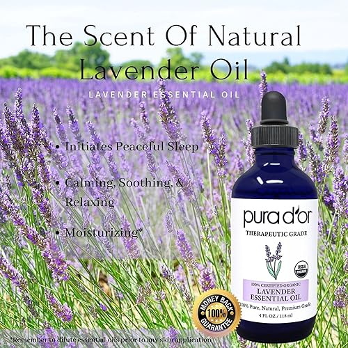 PURA DOR ORGANIC LAVENDER ESSENTIAL OIL 4OZ 100 PURE FOR HAIR, SKIN, DIFFUSER, MASSAGE