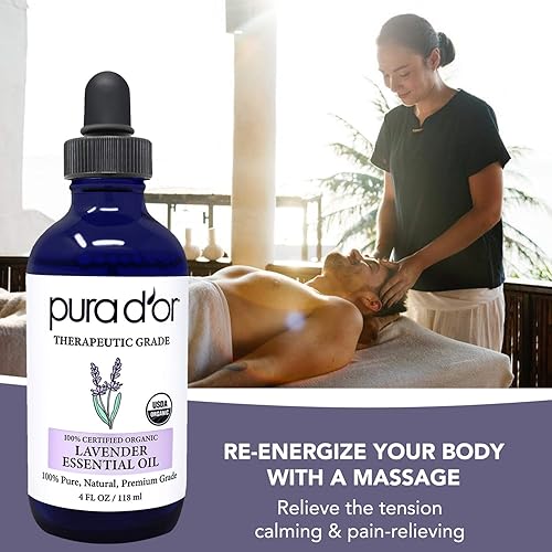 PURA DOR ORGANIC LAVENDER ESSENTIAL OIL 4OZ 100 PURE FOR HAIR, SKIN, DIFFUSER, MASSAGE
