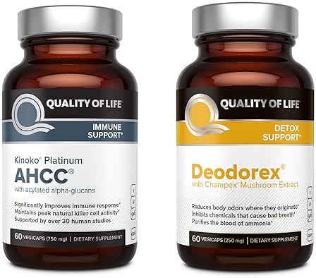 QUALITY OF LIFE ALL NATURAL IMMUNE SUPPORT DETOX BUNDLE KINOKO PLATINUM AHCC MUSHROOM DEODOREX SUPPLEMENT
