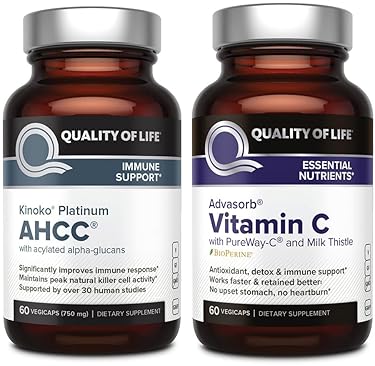 QUALITY OF LIFE AHCC KINOKO PLATINUM ADVASORB VITAMIN C BUNDLE IMMUNE SUPPORT SUPPLEMENT FOR WELLNESS