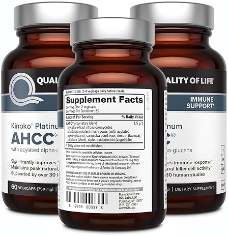 QUALITY OF LIFE AHCC KINOKO PLATINUM 750MG IMMUNE SUPPORT SUPPLEMENT, 3 X 60 CAPSULES PACK