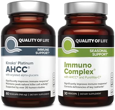 QUALITY OF LIFE AHCC KINOKO PLATINUM MUSHROOM EXTRACT VITAMIN C IMMUNO COMPLEX IMMUNE SUPPORT BUNDLE