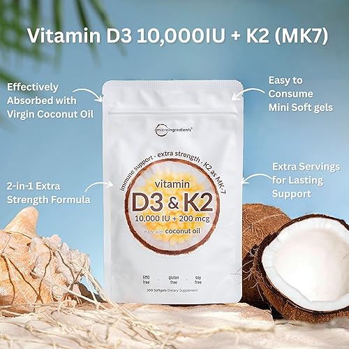 MICRO INGREDIENTS VITAMIN D3 10,000 IU PLUS K2 MK-7 200 MCG, 300 SOFTGELS WITH COCONUT OIL EXTRA STRENGTH, NON-GMO