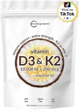 MICRO INGREDIENTS VITAMIN D3 10,000 IU PLUS K2 MK-7 200 MCG, 300 SOFTGELS WITH COCONUT OIL EXTRA STRENGTH, NON-GMO