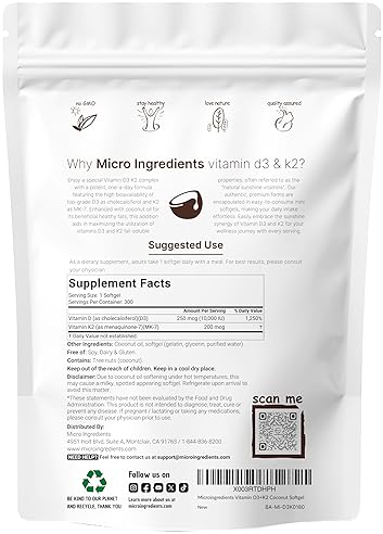 MICRO INGREDIENTS VITAMIN D3 10,000 IU PLUS K2 MK-7 200 MCG, 300 SOFTGELS WITH COCONUT OIL EXTRA STRENGTH, NON-GMO
