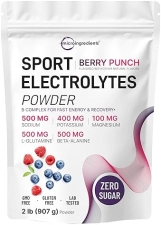 MICRO INGREDIENTS ELECTROLYTE POWDER BERRY PUNCH 2 LBS, 90 SERVINGS, SUGAR FREE, POTASSIUM, MAGNESIUM, B COMPLEX
